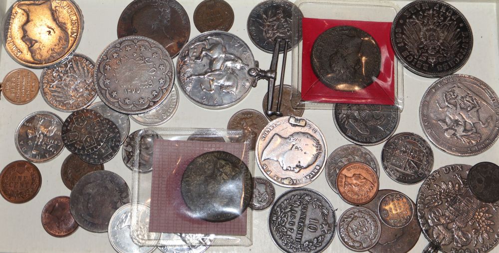 A group of 18th-20th century coins and medals to include - a Bavaria 5 mark, 1903D GVF, a Prussia 2 mark 1900A, EF, two 1787 sixpences,